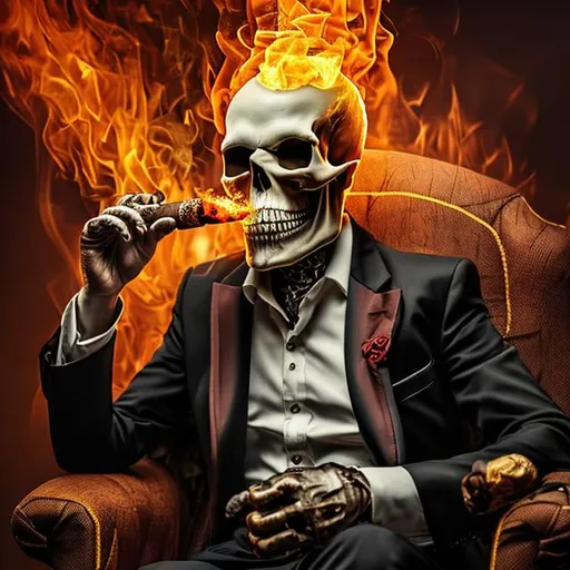 Prompt: scary skull in fire smoking cigar and sitting like a mafia boss with suit and whiskey 