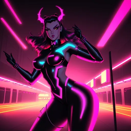 Prompt: a beautiful female demon in a dynamic pose in a retro futuristic synthwave cyberpunk neon paradise.  neon lighting, high quality, beautiful, synthwave, cyber, retro, futuristic