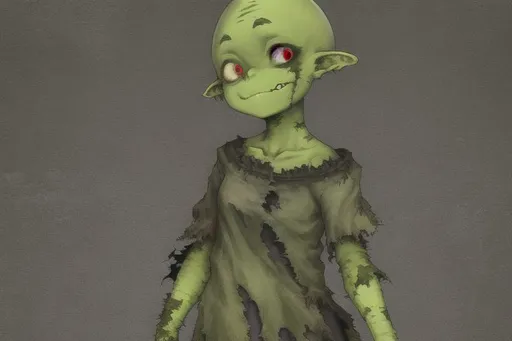 Prompt: goblin girl in tattered rags, full view, green skin, glowing eyes, bald, no hair, sfw