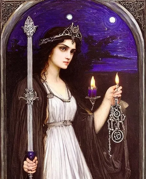 Prompt: hecate in the style of =>art john william waterhouse, =>beautiful face and clear eyes, =>holding two lit torches one in each hand, =>silver rayed crown on her head, =>cresent moons and skeleton keys, =>owls, =>wearing dark purple dress