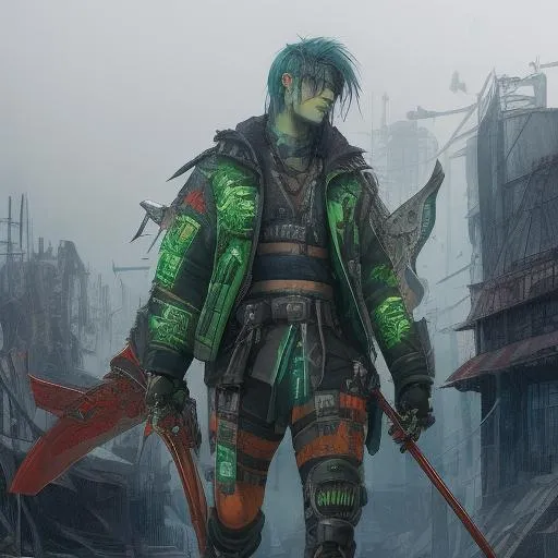 Prompt: Cyberpunk male with tattoos, strong apocalyptic, swords, guns, axes, anatomical, dark, gothic, mech, hazardous waste, green, blue, orange, emo, trees