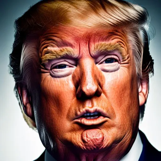 Prompt: photo realistic portrait of Donald Trump, centered in frame, facing camera, symmetrical face, ideal human, 85mm lens, f8, photography, ultra details, natural light, light background, photo, Studio lighting