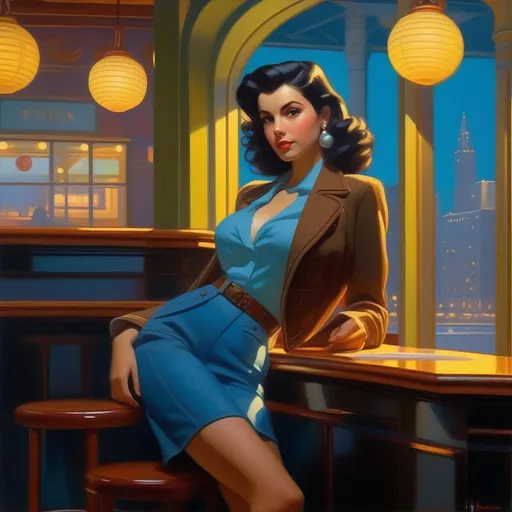 Prompt: Third person, gameplay, Italian-American girl, pale olive skin, black hair, brown eyes, 1940s, Chicago, neon, fog, blue atmosphere, cartoony style, extremely detailed painting by Greg Rutkowski and by Henry Justice Ford and by Steve Henderson 

