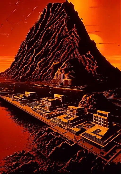 Prompt: a small futuristic city with a lake and orange sky, a similar representation of Twin Peaks by David Lynch