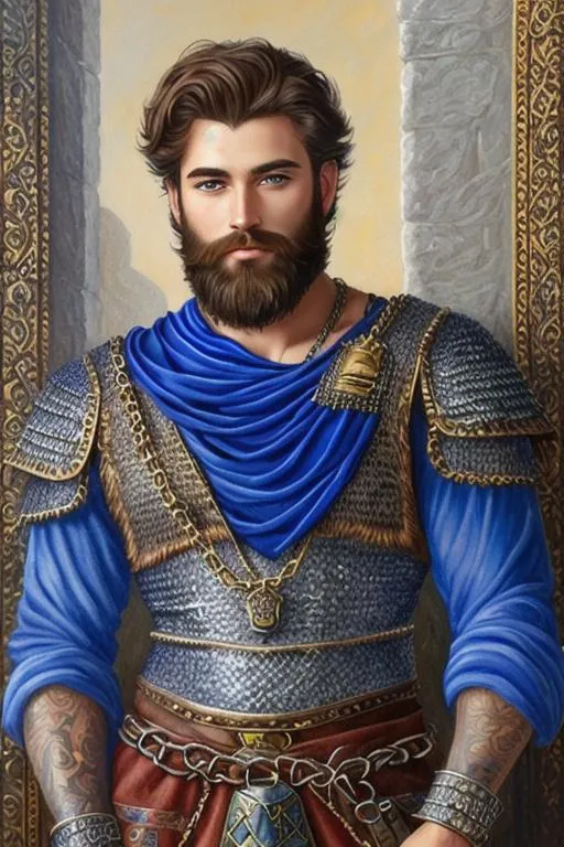Prompt: oil painting, male fantasy character, very hairy, amazingly handsome, short hair and beard, chain mail, royal blue clothing. 