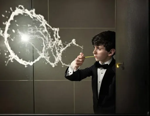 Prompt: 13 year old boy in a tuxedo casts a magic spell with his magic wand on someone else from the outside of a bathroom stall. Only show the outside view of the stall with the boy in the tuxedo with the magic wand and the stall with magic spewing out all over the place because the magic spell was just cast on whoever was inside at the time.