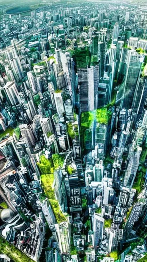 Prompt: Green environment, big city, futuristic, high buildings 
