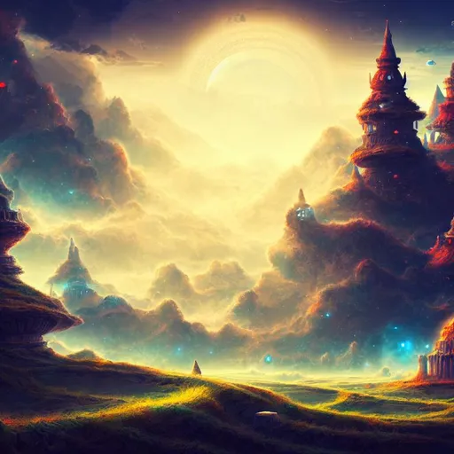 Prompt: ancient city, wonderland, unusual land, fantasy design, space clouds, fantasy sky fantasy, digital art, 8k HDR, high quality, pixiv, WLOP