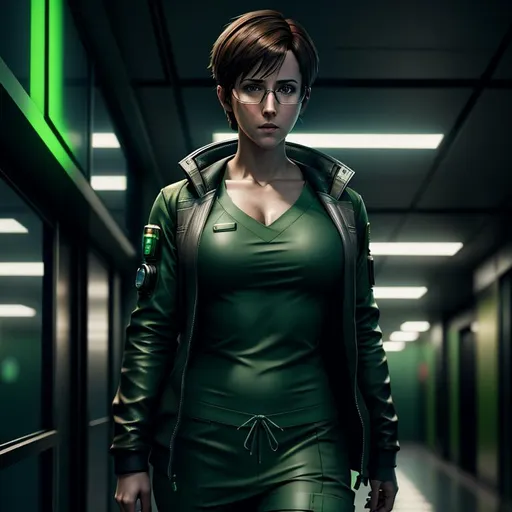 Prompt: Cyberpunk, full-body, small chest, Rebecca chambers, wearing glasses, wearing loose green scrubs, raw photo, photorealistic, High Detail, dramatic, UHD, HDR raw photo, realistic, sharp focus, 8K high definition, insanely detailed, intricate, high quality, 