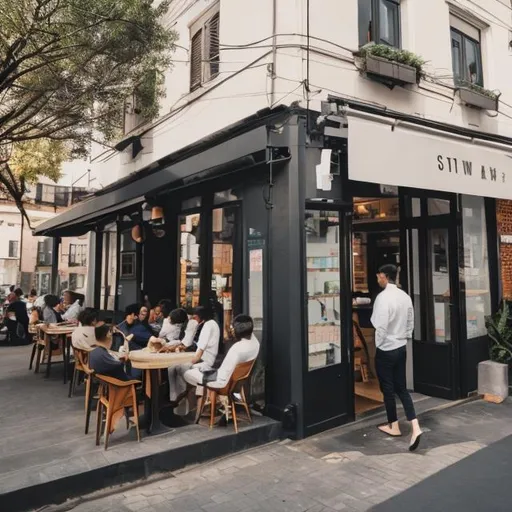 Prompt: a modern coffee shop on a street during peak season business man meeting