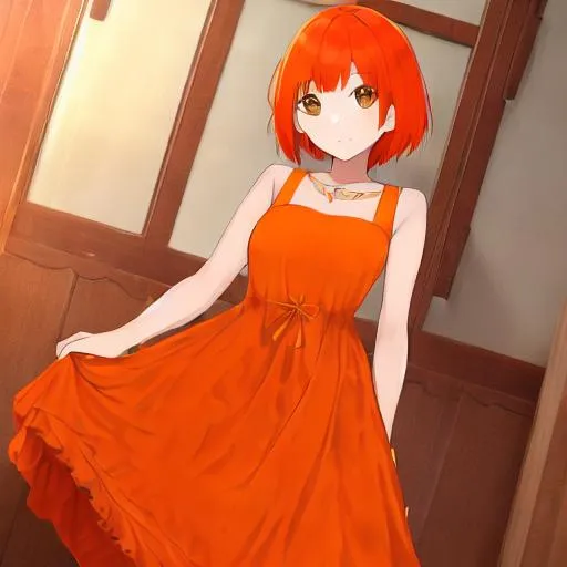 Prompt: girl with orange short hairs orange hairs  buetiful orange dress