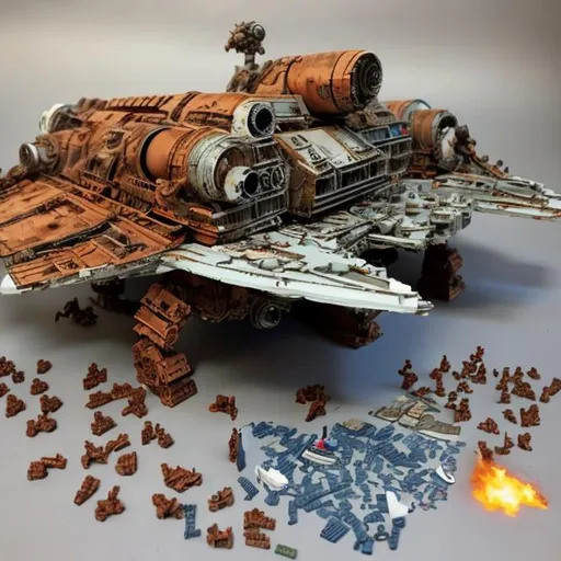 Prompt: star ship  wreck sci-fi space battle epic fleet damage explosion fire everything shields blaster hull breach rusty old toy cardboard lego
man
