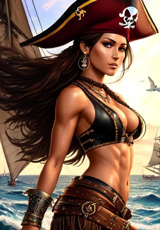 Prompt: UHD, , 8k, high quality, poster art, (( Aleksi Briclot art style)), hyper realism, Very detailed, full body, tan skin, pirate clothing, shirtless, black leather armor, tribal tattoos, nose ring, ear ring, muscular, female, captain hat, olive skin, breeze in blowing hair, sailing a pirate ship, seagull. mythical, ultra high resolution, light and shading in 8k, ultra defined. 