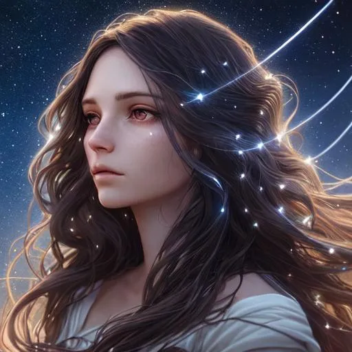 Prompt: A woman with long dark wavy hair and a light wind blowing through, photorealistic face with dark eyes, surrounded by stars and a glowing thread, connected to the stars by the wind and thread, photorealistic, high quality, beautiful, fantasy, science fiction, magic, surreal