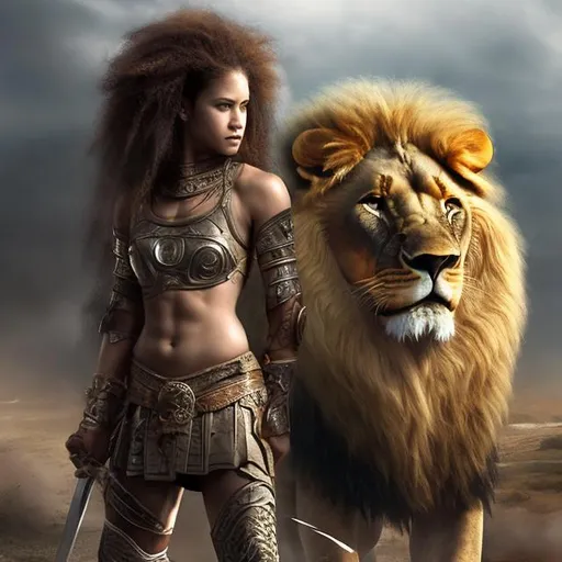 Prompt: 
female warrior and a lion







