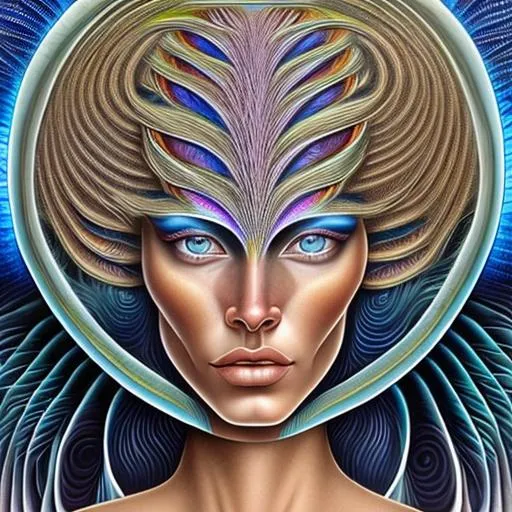 Prompt:  The geometric background is backlit in the style of Alex Grey, the foreground is in the style of Botticelli. A beautiful indigenous  woman, with gray hair, four gray-colored eyes, one set of eyes over the top of the other set of eyes