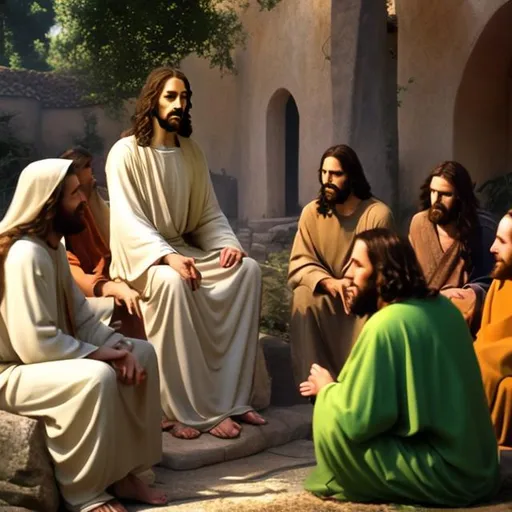 Prompt: Jesus Christ talking, and sitting with his disciples desktop background with God's light