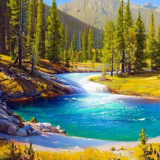 Prompt: Create a landscape painting of Yellowstone on a sunny and bright day in the style of Peder Mork Monsted.