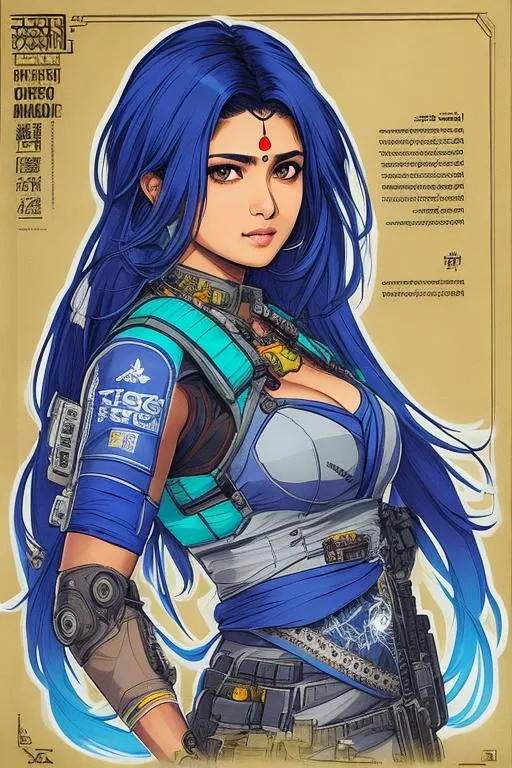 Prompt: character profile sheet (((Yoji Shinkawa))), sticker of ultra detailed portrait of Sadaf Mohammed Sayed  (Indian actress who mainly appears in Telugu, Tamil, and Kannada films)in tribal cueitl dress, canon robotic hand, blue long hair, high quality cell shaded illustration in post apocalyptic style by Yoji Shinkawa, ((full body portrait)), dynamic pose, perfect anatomy, centered, freedom, soul, blue long hair, approach to perfection, cell shading, 4k , cinematic dramatic atmosphere, watercolor painting, global illumination, detailed and intricate environment, artstation, concept art, fluid and sharp focus, volumetric lighting, cinematic lighting, Art by Yoji Shinkawa,