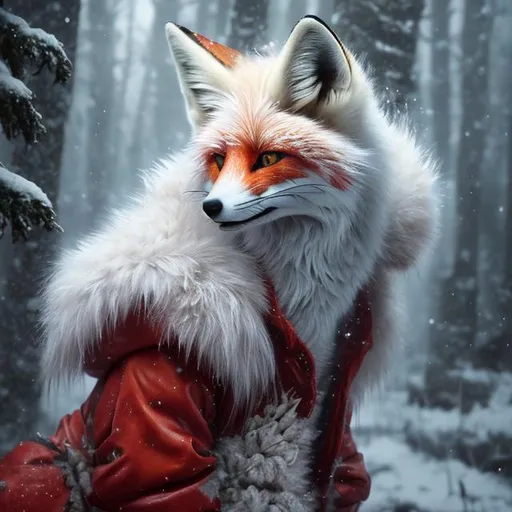 Prompt: 8k, (best quality:1.5) highly detailed, masterpiece, oil panting, zoomed out view of character, trending on artstation, insanely beautiful portrait, of a white vixen fox, with eyes of fire, a thick white fur coat, wearing a red rain jacket with a hood, in a snowy forest