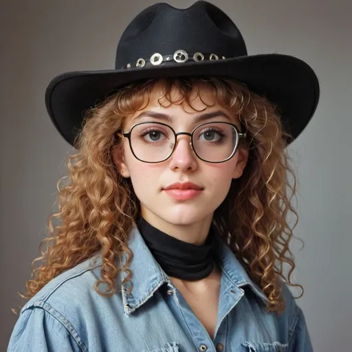 Prompt: 17 year old 80s perm girl with black cowgirl hat and 80s square glasses