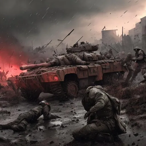 Prompt: Young men, battle ground, men have serious head injury, hyperrealistic, digital paint, 8k, angry face, wide angle, war vehicles in background, red weather, 