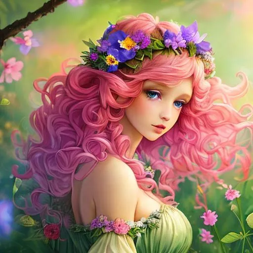 Prompt: a youngfairy goddess of spring, very curlsy hair, pink glow,  wildflowers, vivid colors, closeup