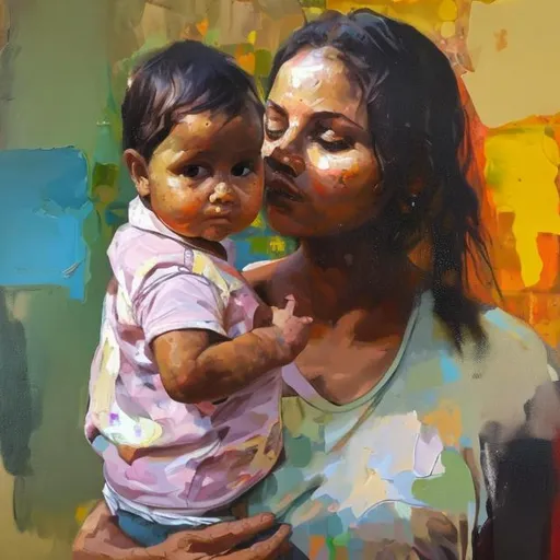 Prompt: woman and baby in oil paint