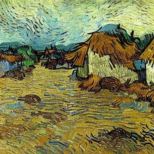 Prompt: Painting of primitive stone huts being flooded, by Vincent van Gogh
