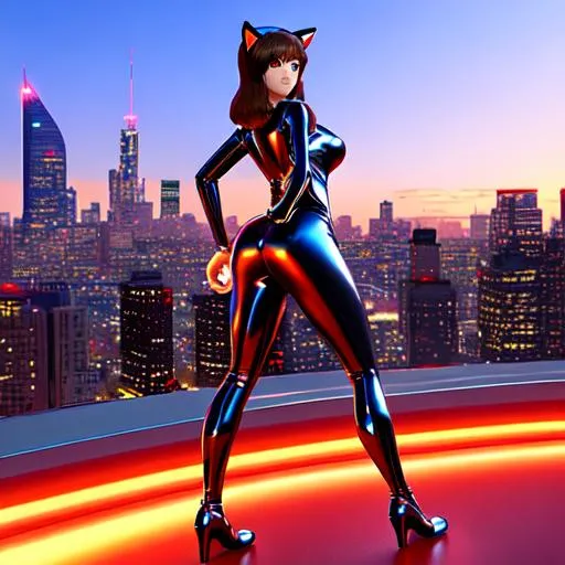 Prompt: 3d model of Elastigirl with cat ears, cat paws, cat tail, ((dynamic pose)), ((shiny metallic suit)), ((glowing eyes)), and ((city skyline backdrop)).