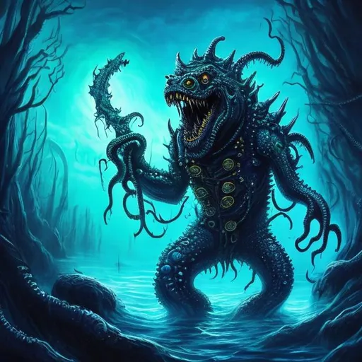 Prompt: Scary, Lovecraftian, Sea Monster wearing a pirate coat, holding a cutlass sword, nighttime,, creepy, blue skin