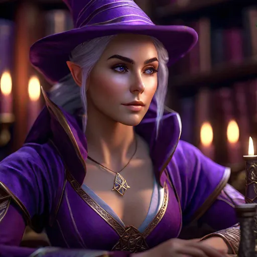 Prompt: D&D half-elf female wizard in a study, highly detailed, professional, render, Sharp focus, HD, UHD, HDR, hyper realistic , amethyst colored clothing