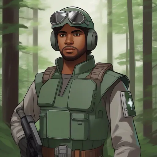 Prompt: Star wars rebel alliance male pathfinder. Green gray uniform. He wears a an helmet. In background a deep forest. Rpg art. Star wars art. 2d art. 2d. Well draw face. Detailed. 