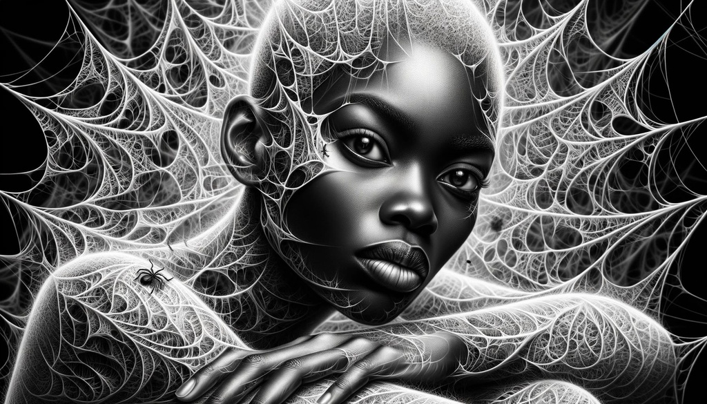 Prompt: A realistic rendering of a woman of African descent, entangled in detailed webs, capturing the essence of polished metamorphosis with a hard-edge painting technique, emphasizing the play of shadows and light.
