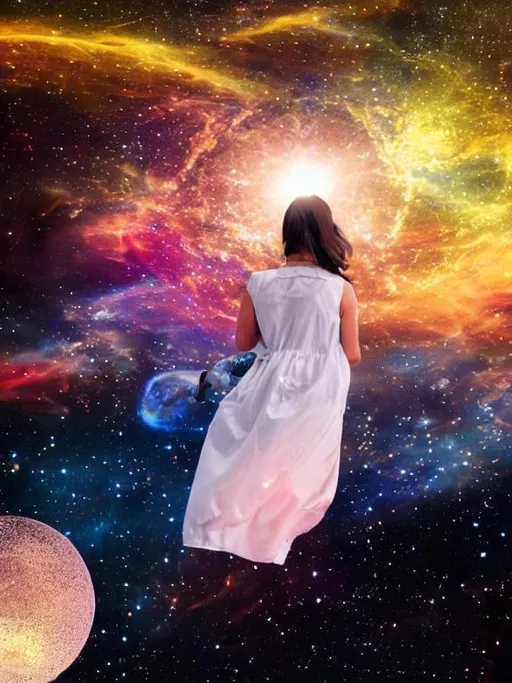 Prompt: Realistic generation from photo, she is creating life in cycle with the universe 