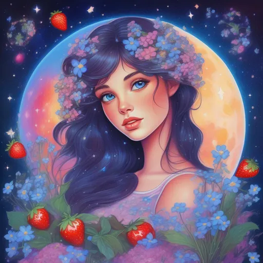 Prompt: A beautiful and colourful picture of Persephone with brunette hair and with forget-me-not flowers, Baby's Breath flowers and strawberry plants surrounding her, framed by the moon and constellations in a Lisa Frank art style. 