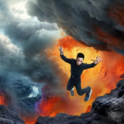 Prompt: Man jumping into hell serious
