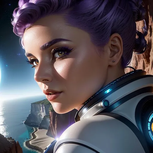 Prompt: Create a high-quality professional image of a young woman with shade of purple hairs, in a futuristic spacesuit, posing heroically on the edge of a cliff on a mysterious alien planet. The woman looks at the landscape with a mischievous expression.

The image should be realistic and detailed, with vivid colors and sharp contrasts.
The woman should have short hairs with shade of purple and pink tip, light blue eyes, and a large scar in the middle of her face that runs over the bridge of her nose. She should wear a white and black spacesuit with a lot of details and she must be holding her spacesuit helmet. Her spacesuit should only have white and black without purple.
The cliff should be rocky and steep. The background should show a clear dark sky with stars and a nebula. The woman should pose heroically on the edge of the cliff of a mysterious alien planet by night time. She should smile with a mischievous expression, as if she is inviting the viewer to join her in her adventure. 

heavenly beauty, 8k, 50mm, f/1. 4, high detail, sharp focus, perfect anatomy, highly detailed, detailed and high quality background, oil painting, digital painting, Trending on artstation, UHD, 128K, quality, Big Eyes, artgerm, highest quality stylized character concept masterpiece, award winning digital 3d, hyper-realistic, intricate, 128K, UHD, HDR, image of a gorgeous, beautiful, dirty, highly detailed face, hyper-realistic facial features, cinematic 3D volumetric, illustration by Marc Simonetti, Carne Griffiths, Conrad Roset, 3D anime girl, Full HD render + immense detail + dramatic lighting + well lit + fine | ultra - detailed realism, full body art, lighting, high - quality, engraved | 