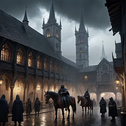 Prompt: Warhammer fantasy RPG style town hall in the middle of a square, medieval architecture, towering spires, weathered stone walls, intricate gothic details, bustling marketplace, high resolution, detailed, dark fantasy, atmospheric lighting, foggy ambiance, gothic, medieval, detailed stonework, bustling, mysterious, ominous lighting, rider on a horse, dark blue tones, rainy, heavy rain, public execution