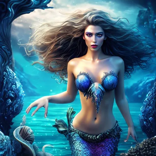 Prompt: HD 4k 3D 8k professional modeling photo hyper realistic beautiful woman ethereal greek goddess of the deep sea
indigo hair dark blue eyes gorgeous face black skin navy shimmering dress mermaid tail full body seashell crown surrounded by deep sea magical glowing light hd landscape background of enchanting mystical fish and sharks