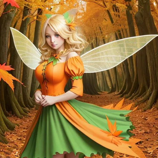 Prompt: blonde hair fairy woman, orange wings, green dress, Autumn woods background 