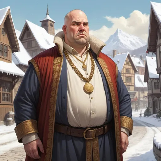 Prompt: Full body, Fantasy illustration of a male mayor, chubby ederly man, anxious expression, bald-headed with tonsure, exquisite garment, golden Necklace, 
anxious gaze, high quality, rpg-fantasy, detailed, snow covered wiking town background