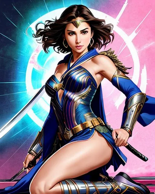 Prompt: (((Gal Gadot))), sticker of ultra detailed portrait of Naomi Scott in blue japanese kimono,Kanzashi pink head accessories, high quality cell shaded illustration in post apocalyptic style by Yoji Shinkawa,(((kneeling pose))), ((zoomed in face)),  (((katana))), (((Detailed hands))),perfect anatomy, centered, freedom, soul, black long curly hair, approach to perfection, cell shading, 4k , cinematic dramatic atmosphere, watercolor painting, global illumination, detailed and intricate environment, artstation, concept art, fluid and sharp focus, volumetric lighting, cinematic lighting, Art by Yoji Shinkawa and by Ilya Kuvshinov 
