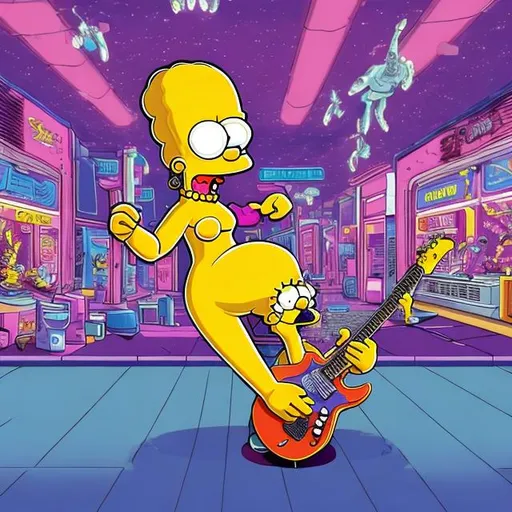 Prompt: Bodybuilding Lisa Simpson playing guitar for tips in a busy alien mall, widescreen, infinity vanishing point, galaxy background