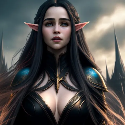 Prompt: Portrait of an half-elf feminine woman with long black hair wearing dark clothing exposing cleavage in a dark fantasy theme, Model: Emilia Clarke, fantasy world skyline, photo realistic, hyperrealism, artstation, HD, 4K, dynamic lighting, hyperdetailed very hard colorful pencil strokes lineart, hyperdetailed dynamic action light effect in the air, colorful glowing glamour sunshine, windy, studio lighting, cinematic light, hyperdetailed light reflection, intricate iridescent glowing glamour colorful light reflection, hyper detailed strong shading, glamorous sky, impressionist painting, key visual, precise lineart, cinematic, masterfully crafted, 8k resolution, beautiful, stunning, ultra detailed, expressive, hypermaximalist, colorful, rich deep color, brush strokes, pencil strokes, UHD, HDR, UHD render, high quality 3D anime art, 3D render cinema 4D, digital painting, perfect composition, 16k upscaled image, illustration, key visual, precise lineart, cinematic, masterfully crafted, 8k resolution, beautiful, stunning, ultra detailed, expressive, hypermaximalist, colorful, rich deep color, brush strokes, pencil strokes, UHD, HDR, UHD render, high quality 3D anime art, 3D render cinema 4D, digital painting, perfect composition, 16k upscaled image, illustration, impressionist painting, hyper detailed full body leather clothes, ultra realistic hyperdetailed soft watercolor clothes wrinkle shading, stray hairs, intricate hyperdetailed energetic blue eyes, intricate hyperdetailed beautiful gloss lips, intricate hyperdetailed face, complex, hyperdetailed quality 3D anime,