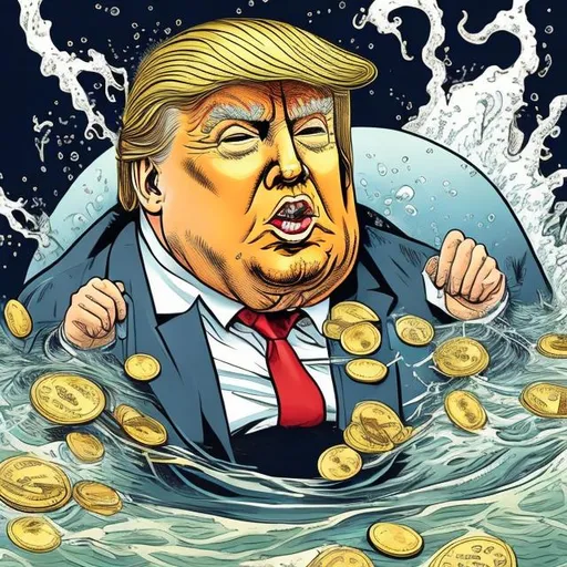 Prompt: Circling the drain, Obese, Trump swimming in gold coins and green dollar notes, too long red tie, navy blue suit, Bathroom Bathtub scene,  Sergio Aragonés MAD Magazine cartoon style 