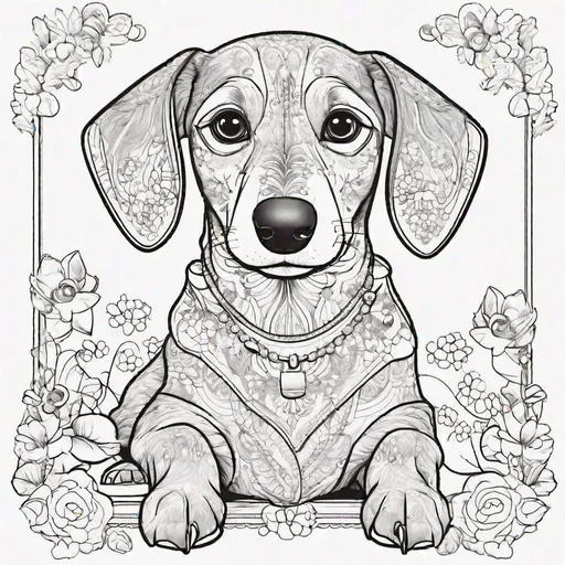 Prompt: coloring book template, cute, dachshund, coloring page for kids, pen drawing, without colors, ultra detailed, 4k, white border, chute cartoon style