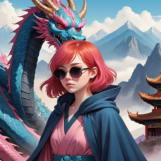 Prompt: The cover of a novel, a young girl with short shorn red hair, wearing a cloak, faces down a large blue and pink chinese dragon with mountains in the background, she wears large dark sunglasses, techno style, anime