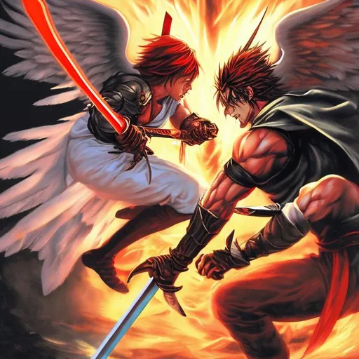 Prompt: Angel fight with devil with sword 