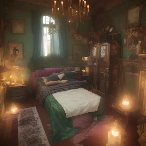 Prompt: Hyper realistic, 4k, unreal engine 5, midjourney ai, crisp focus, magical fairytale interior with green wallpaper long bedroom lit by warm cozy glass lamps on the walls with dark wood crown molding, dark framed bed covered with a green quilt sits in the middle of the room under a window looking out to the night countryside, dark wood door is on the right side of the room, beautiful painting hang on the walls and crown molding covers the ceiling, three quarters perspective, warm green wallpaper